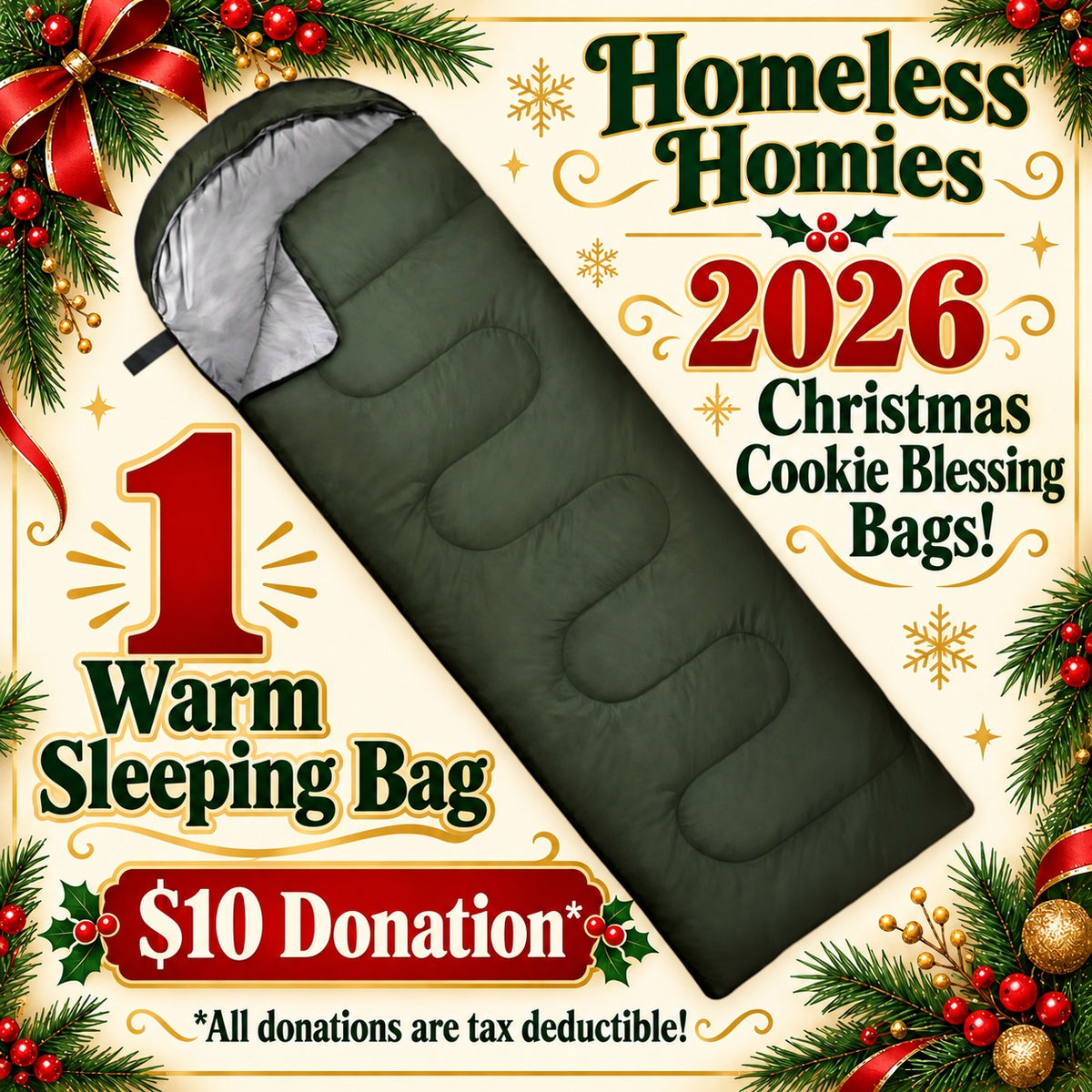 Sleeping Bag for the Homeless - Gift of Warmth - Tax Deductible Donation - 2026 Christmas Cookie Blessing Bags