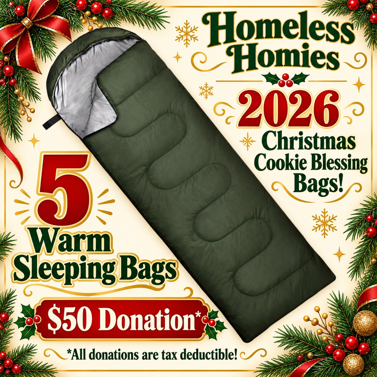 5 Sleeping Bags for the Homeless - Gift of Warmth - Tax Deductible Donation